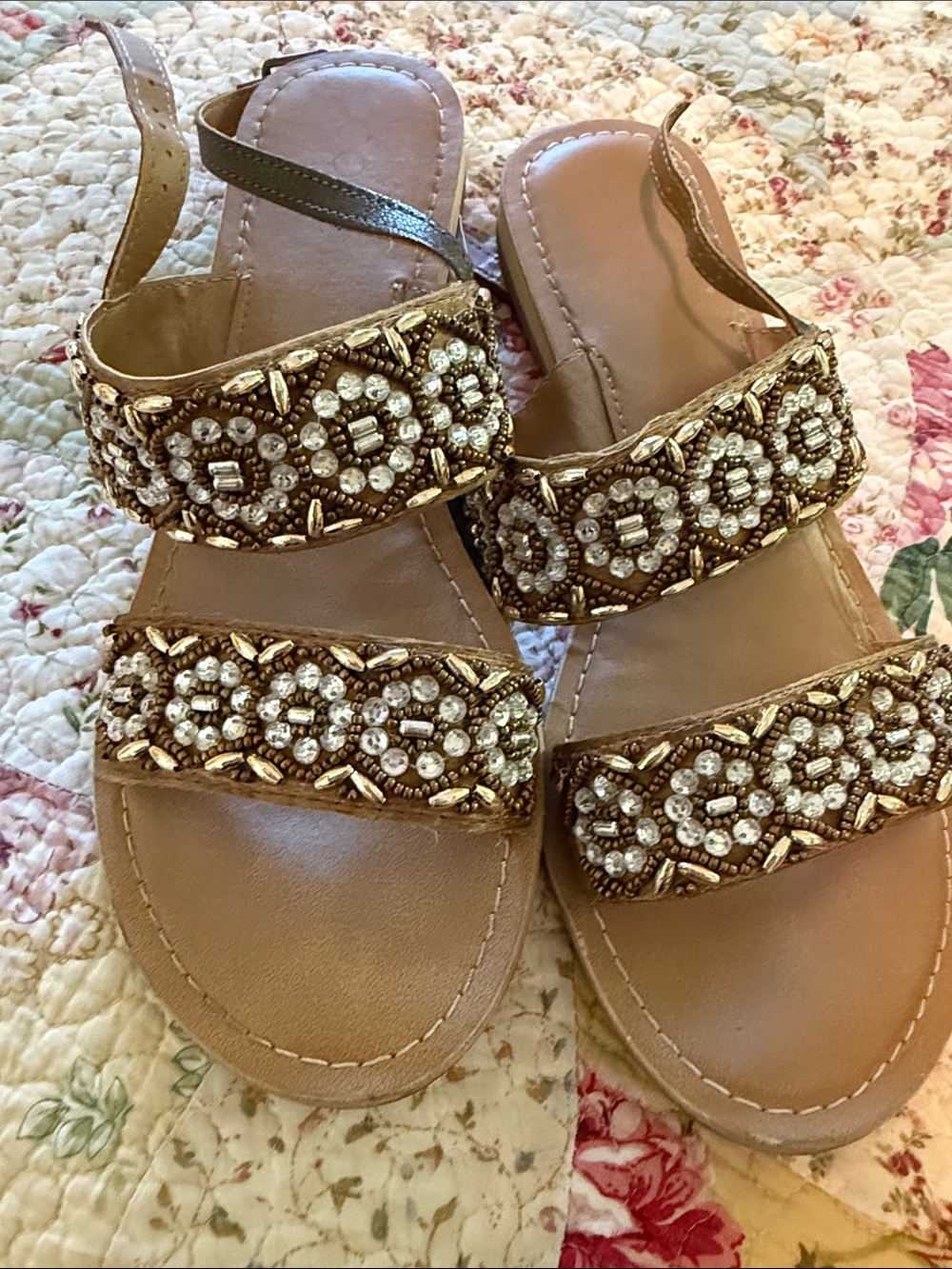 Coconut by Matisse Embellished Tan Beaded Double-Strap Sandals- size 8